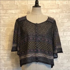 NWT Navy Boho Button Front Top with Lace Trim